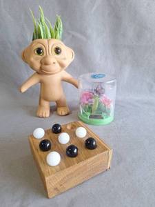lot 90 image: Troll Doll Planter with Wooden Game & Solar Butterfly