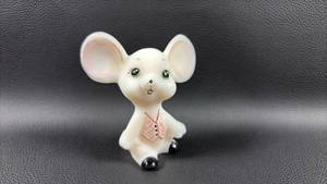 Fenton White Mouse Figurine Handpainted Signed 3" Cute Red Vest Pink Ears July Badge. Above Tail