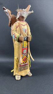 Howling Wolf Kachina Doll Polyresin with Leather and Feather Detailing