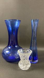 lot 25 image: Blue Glass Small Bouquet Vase and Bud Vase with Crystal Cut Toothpick Holder