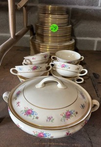 lot 28 image: Large Lot of Lenox Rose China (14) Dinner Plates (14) Salad Plates (8) Bread & Butter Plates (8) Soup Saucers and Double Handled Soup Bowls and (1) Soup Tureen (bring packing material and boxes to pickup)