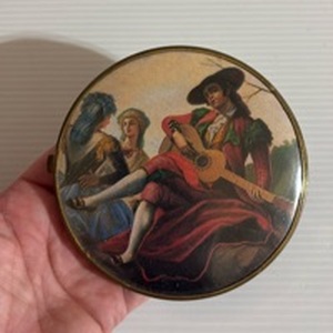 lot 36 image: Vintage West German Brass Hinged Compact Mirror with Classical Art Prints Cover