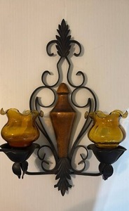 lot 39 image: Vintage Wrought Iron Candle Sconce Wood and Iron Taper Candle Sconce with Optional Votive Accessories In Amber Glass