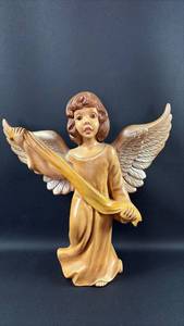 lot 180 image: Lustrous Vintage Ceramic Angel Figurine with Wings and Banner Approximately 15 Inches Tall Hand Painted