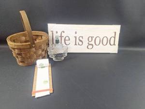 lot 190 image: Life is Good Wooden Sign with Maple Leaf Glass Bottle and Wicker Basket Set