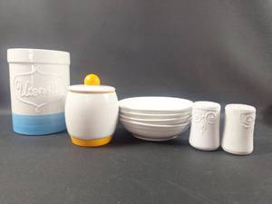 lot 209 image: White Ceramic Kitchen Set with Utensil Crock and Salt Pepper Shakers