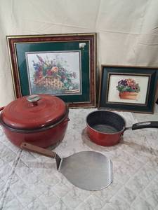 lot 25 image: Lodge Cast Iron Dutch Oven with Cookware and Framed Art Bundle
