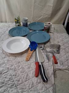 lot 27 image: Mixed Kitchen Items Lot with Corning Plates and Utensils