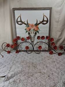 lot 92 image: Decorative Metal Wall Art with Floral Design and Deer Skull Print