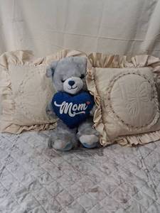 lot 99 image: Gray Teddy Bear with Mom Heart and Decorative Pillow Set