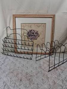 lot 116 image: Shari White Signed Framed Rose Artwork with Black Wire Rack Set