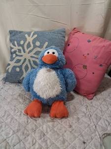 lot 119 image: Blue Penguin Plush and Pink Decorative Pillows Set