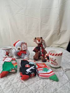 lot 172 image: Christmas Holiday Gift Bundle with Rudolph Plush, 2022 Christmas Bear, Holiday Socks and Mugs