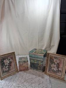 lot 173 image: Framed Magnolia Floral Art Prints and Abstract Stone Pattern trashcan and tissue box