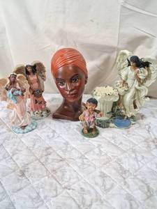lot 182 image: African Woman Head Sculpture with Orange Turban and Angel Figurines Collection