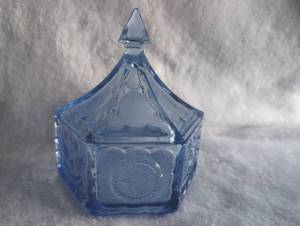 lot 1008 image: Blue Glass Covered Candy Dish with Embossed Design