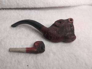 lot 1502 image: Carved Wood Animal Smoking Pipe  Ceramic Elephant Pipe Set