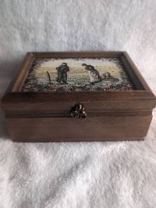 lot 2000 image: Wooden Jewelry Box with Cross Stitch Scenic Design