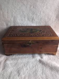 lot 2001 image: Hand Carved Wooden Jewelry Box with Painted Portrait Panel