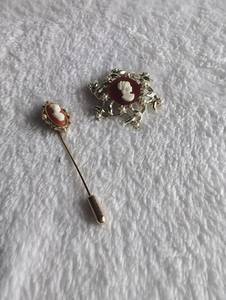 lot 2004 image: Cameo Brooch and Stick Pin Set Gold Tone Floral Design