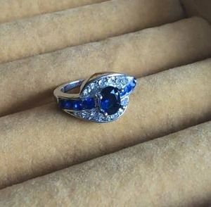 lot 2010 image: Blue Sapphire Color Stone and Crystal Ring - Size 6