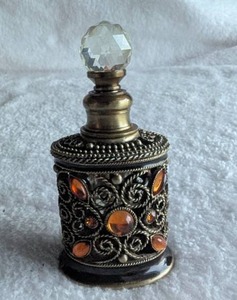 lot 2038 image: Ornate Metal Perfume Bottle with Crystal Stopper&nbsp