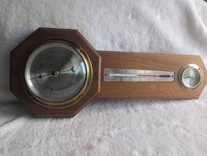 lot 3001 image: Wooden Weather Station with Barometer Thermometer and Hygrometer