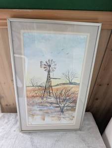 lot 3019 image: Framed Windmill Landscape Watercolor Print