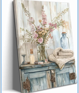 lot 311 image: Blue Bathroom Canvas Wall Art Rustic Farmhouse Bathroom Picture Wall Decor Pink Wildflower Laundry Room Painting Poster Prints Artwork for Toilet Washroom Restroom Home Decoration