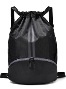 lot 322 image: Black Drawstring Gym Bag for Men, Waterproof Drawstring Backpack for Women, Swim Bag with Shoes Compartment, Pull String Sport Bag for Soccer and Basketball. - Retail $19
