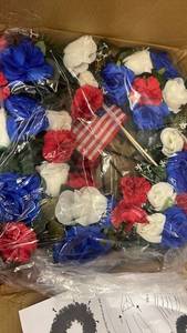 lot 340 image: Patriotic Red White Blue Artificial Flower Wreath With Tripod - Retail $25