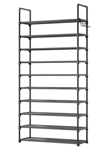 lot 359 image: Kitsure Shoe Rack for Closet - 10-Tier Shoe Organizer with Hook Rack, Large-Capacity & Space-Saving Shoe Shelf for Entryway, Bedroom, Living Room - All Black - Retail $45