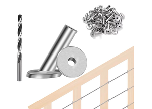 lot 375 image: Marine Grade Stainless Steel 30 Degree Angle Beveled Protector Sleeves, Wood Post Protector Sleeve Deck Cable Railing kit with a Drill Bit - Retail $27