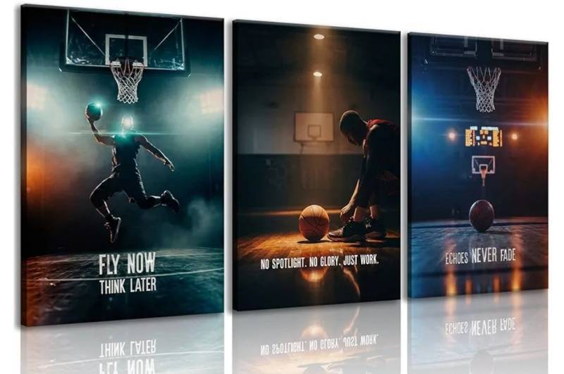 lot 16718 image: 3 Piece Basketball Wall Art - Inspirational Sports Canvas Gallery Wrapped Framed Prints, Motivational Fly Now Just Work Echoes Never Fade Posters for Boys Room, Home Gym Decor, 12x16in.  TWO HAVE SOME CANVAS STRETCHING. SEE LAST TWO PHOTOS. - Retail $30
