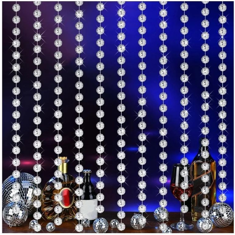 lot 16681 image: Disco Party Decorations 6 Pcs 6.56ft Long Mini Disco Ball Beaded Garlands Reflective Mirror Ball Hanging Banner 70s 80s Retro Party Backdrop Supplies for Christmas Birthday Wedding(Silver) - Retail $26