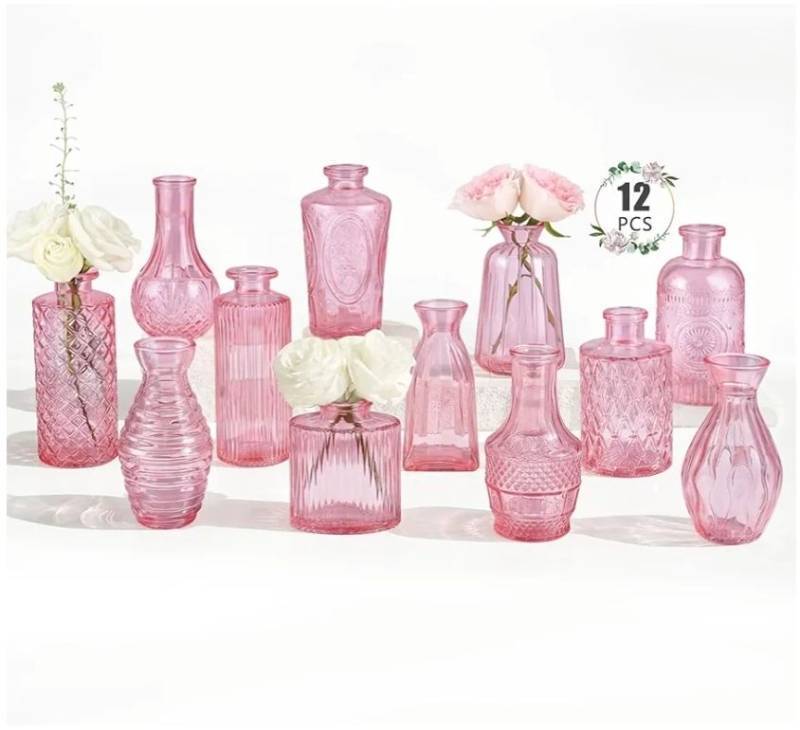 lot 16694 image: 12 Pack Bud Vase in Bulk - Pink Flower Vases for Wedding Decorations, Glass Vase for Table Decorations, Small Vase for Home, Mothers Day, Centerpieces, Party, Office - Retail $36