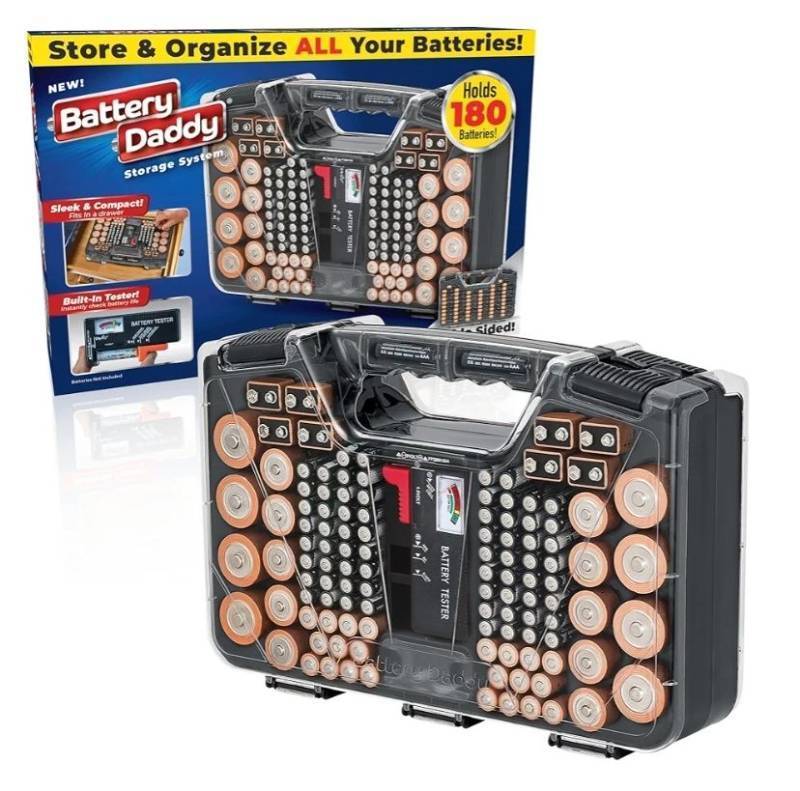 lot 16673 image: Battery Daddy Storage & Organizer Case wTester, Stores & Protects Up to 180 Batteries, Double-Sided, Clear Locking Lid, Secure Latches & Portable Carrying Handle. ONE SIDE Cracked and Taped. - Retail $25