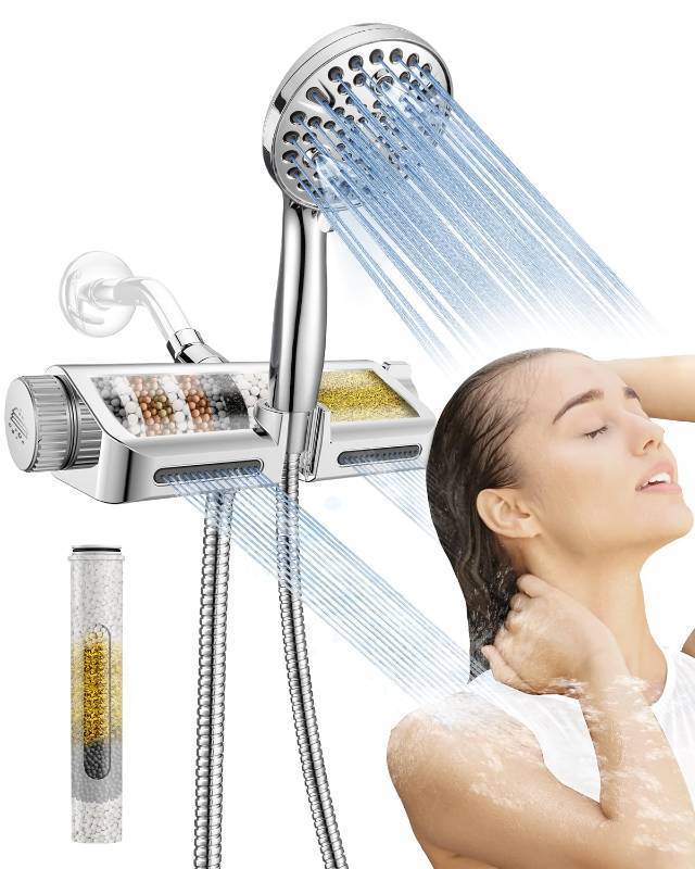 lot 16668 image: Filtered Shower Head with Handheld Combo - Dual 2-in-1 Spa System with Massage Shower and 10 Modes Hand Held Shower High Pressure with Built in Power Wash Mode (Chrome) - Retail $50
