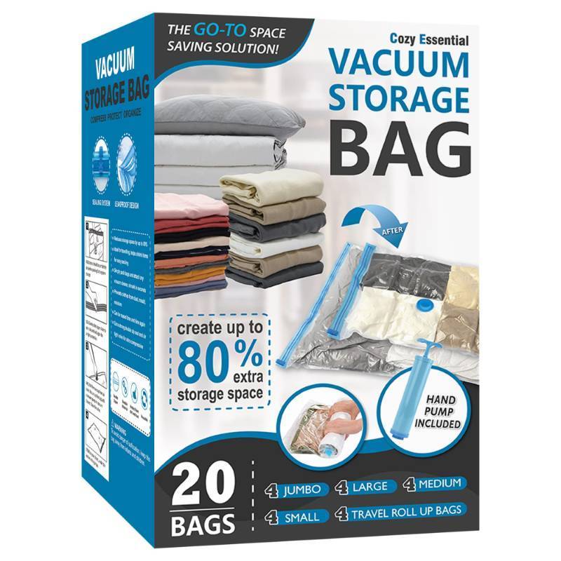 lot 16677 image: Cozy Essential Vacuum Storage Bags, 80% Compression Vacuum Seal Space Saver Plastic Packaging Bags for Clothes, Blankets, Pillow, Bedding, Comforters, Sealer Clothing Storage,20 Combo - Retail $38