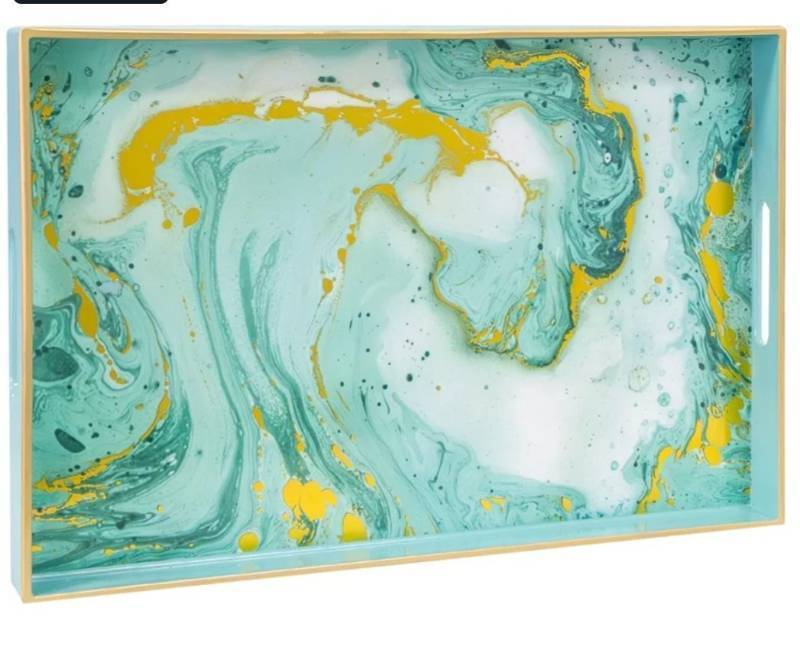 lot 16713 image: Turquoise Serving Tray with Handles, Plastic Decorative Tray for Coffee Table, Marbling Rectangular Trays for Bathroom, Ottoman, Storage, 15.7 Lx 10.2 W X 1.57 H - Retail $26