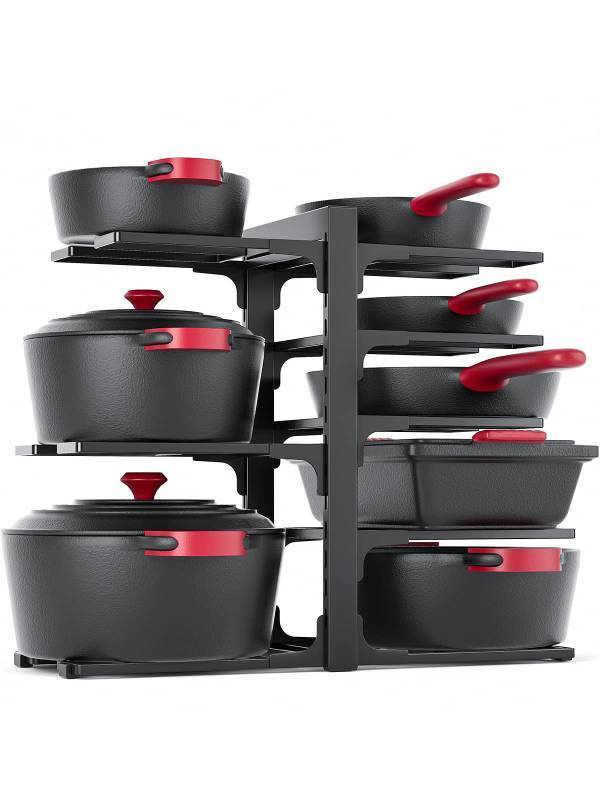 lot 16709 image: 8-Tier Pots and Pans Organizer under Cabinet, 15.83 Height Heavy Duty Pot Pan Organizer Kitchen Cabinet Organization and Storage, Adjustable Pot Rack for Frying Pan, Cast Iron Skillet, Black - Retail $33