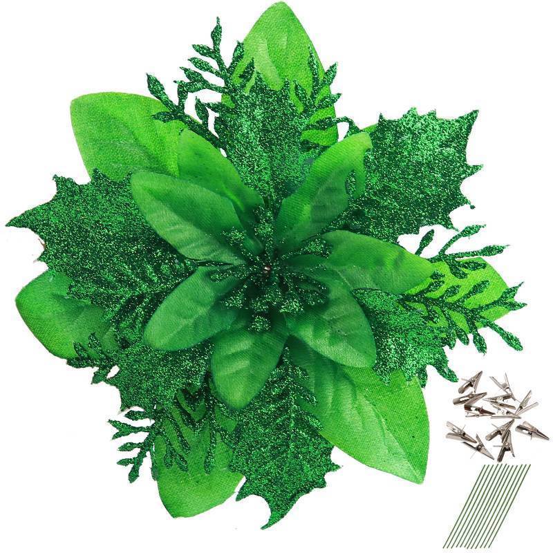 lot 36187 image: 9 Pcs Glitter Poinsettia 5.5 Artificial Flowers Christmas with Clips Stems Xmas Tree Ornaments for New Year Party Stairs Fireplace Porch Balcony Garden Church Wreath Decoration (Green) - Retail $17