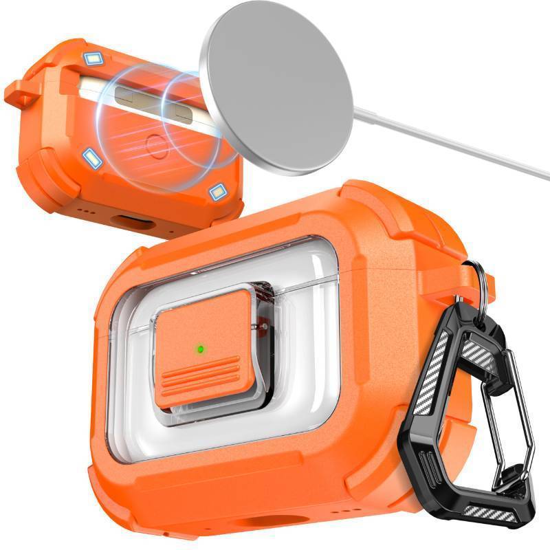 lot 62269 image: AirPods Pro 3 Case, Compatible with AirPods Pro 3 Generation Case (2025), Compatible with MagSafe, Magnetic Automatic Lock with Cleaner Kit and Keychain, Front LED Visible, Orange - Retail $14