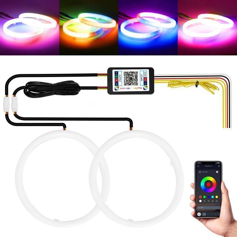 lot 62283 image: Angel Eyes Halo Rings Cotton Lights 12V 110MM RGB LED Universal for Car Scooter Motorcycle DRL Turn Signal Light APP Bluetooth Control Multi-Color 2-Pack - Retail $43