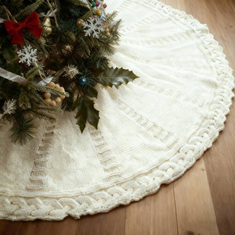 lot 62338 image: White Knit Tree Skirt for 3ft to 4ft Tree, 24 Inch Thick Cable Knitted Tree Skirt, Xmas Tree Skirts for Home Decor  Christmas Decorations White - Retail $18