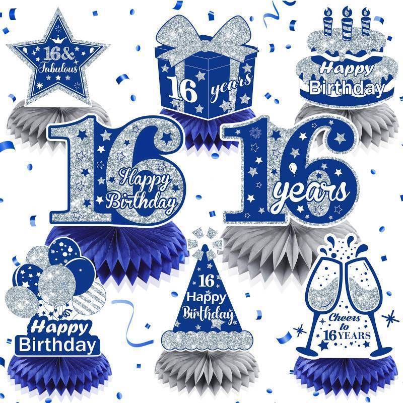lot 62349 image: 8Pcs Blue Honeycomb Centerpieces for 16th Birthday Table Toppers - Happy 16th Boys & Girls - Silver & Navy Blue Theme - Retail $12