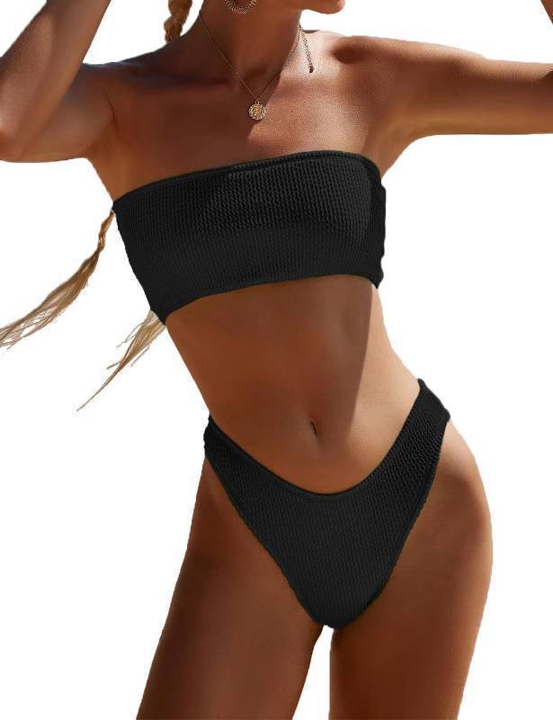 lot 44804 image: Womens Two Piece Bandeau Swimsuit Ribbed Strapless Tube Bikini Top with Mid Waist Cheeky Bottom Bathing Suit Black Large - Retail $27