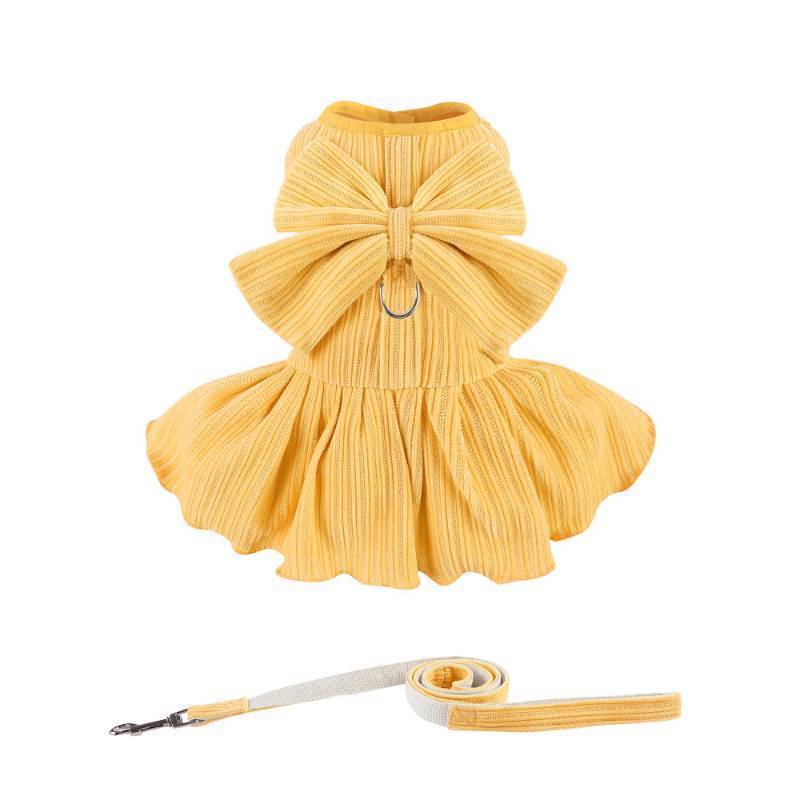 lot 56429 image: Dog Striped Dress,Pet Girl Bow Costume with Ring and Harness Leash,Dog Wedding Birthday Party Dress(Yellow,X-Large) - Retail $15