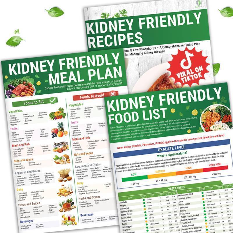 lot 56464 image: Set 3 Kidney Friendly Food List Chart, Renal Diet Disease Meal Plan, Kidney Recipes Support, Hyperoxaluria, Oxalate Level, Low Sodium Potassium Phosphorus for CKD Dialysis, Manage Hypertension - Retail $20