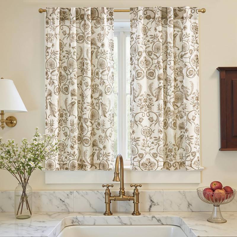 lot 62408 image: Small Window Curtains 45 Inch Linen Floral Curtain Set for Kitchen Bathroom Cafe Curtains Light Filtering Window Treatment Farmhouse Cottage Core Back Tab Drapes 2 Panels Taupe on Beigel - Retail $19